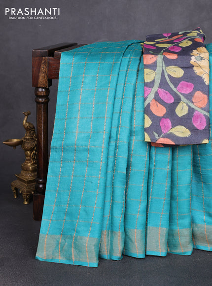 Pure tussar silk saree teal green and elephant grey with allover zari checked pattern and zari woven border