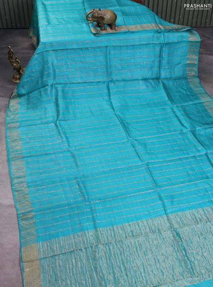 Pure tussar silk saree teal green and elephant grey with allover zari checked pattern and zari woven border