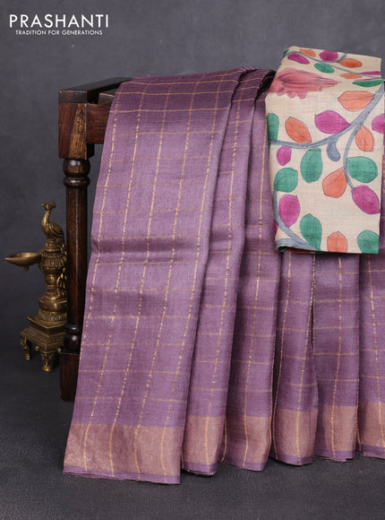 Pure tussar silk saree rosy brown and beige with allover zari checked pattern and zari woven border
