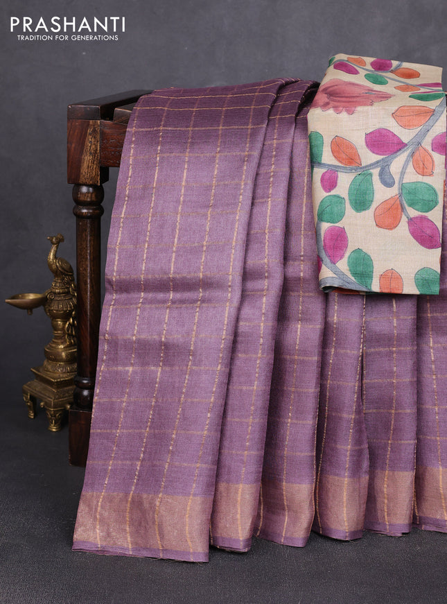 Pure tussar silk saree rosy brown and beige with allover zari checked pattern and zari woven border