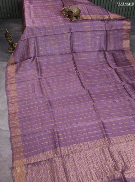 Pure tussar silk saree rosy brown and beige with allover zari checked pattern and zari woven border
