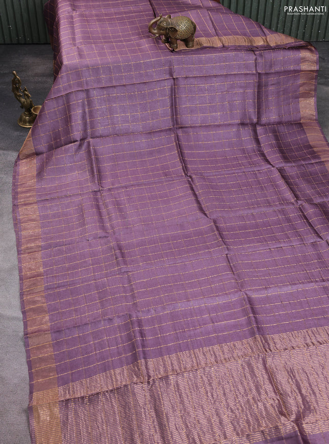 Pure tussar silk saree rosy brown and beige with allover zari checked pattern and zari woven border