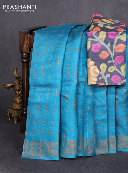 Pure tussar silk saree cs blue and elephant grey with allover zari checked pattern and zari woven border