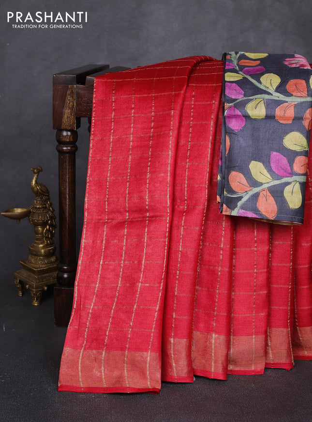 Pure tussar silk saree red shade and black with allover zari checked pattern and zari woven border