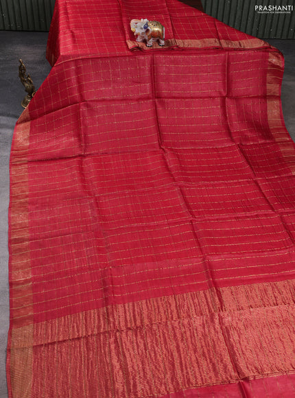 Pure tussar silk saree red shade and black with allover zari checked pattern and zari woven border