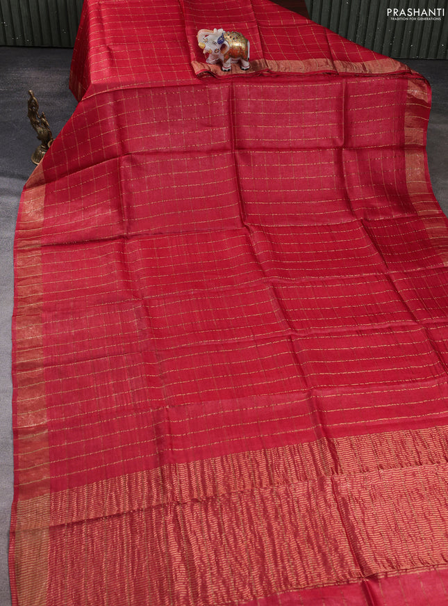 Pure tussar silk saree red shade and black with allover zari checked pattern and zari woven border