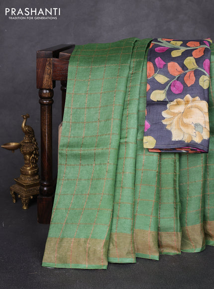 Pure tussar silk saree green and black with allover zari checked pattern and zari woven border