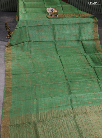 Pure tussar silk saree green and black with allover zari checked pattern and zari woven border