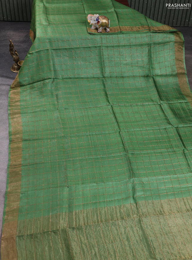 Pure tussar silk saree green and black with allover zari checked pattern and zari woven border