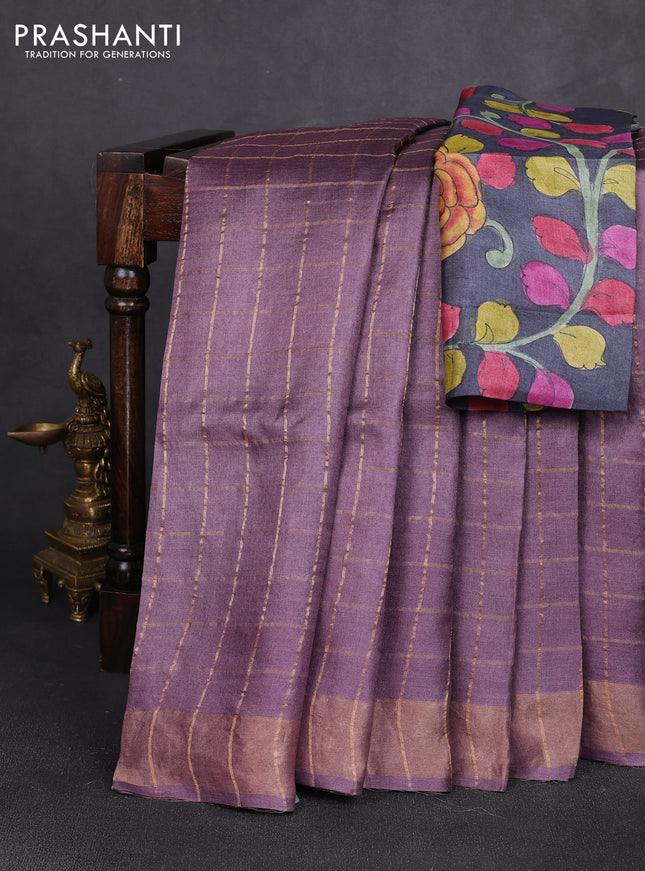 Pure tussar silk saree rosy brown and black with allover zari checked pattern and zari woven border