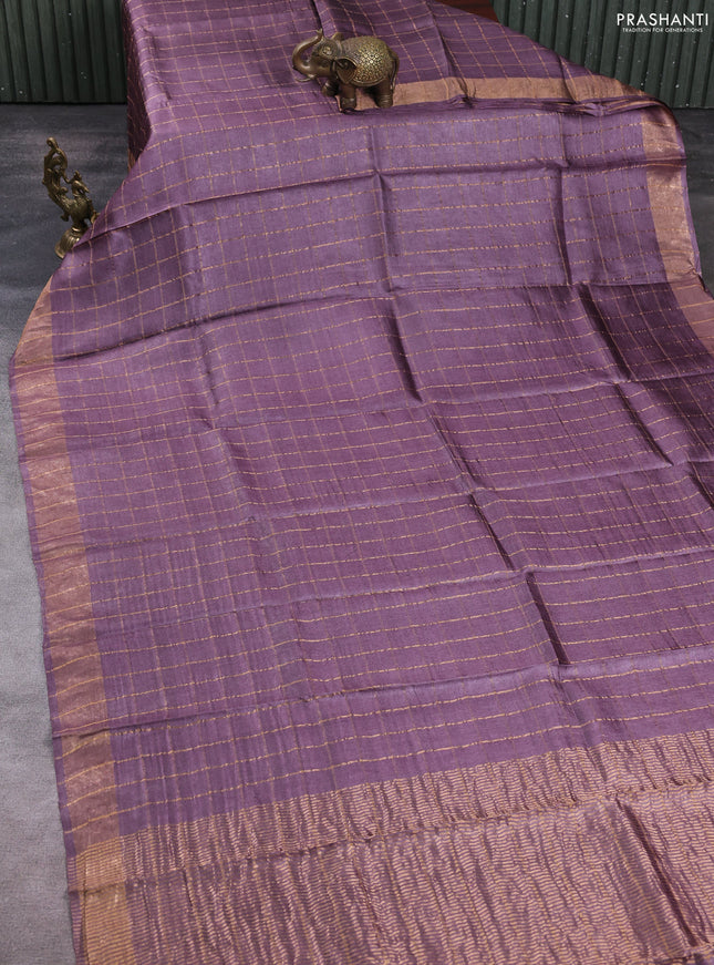 Pure tussar silk saree rosy brown and black with allover zari checked pattern and zari woven border