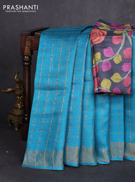 Pure tussar silk saree teal blue and black with allover zari checked pattern and zari woven border
