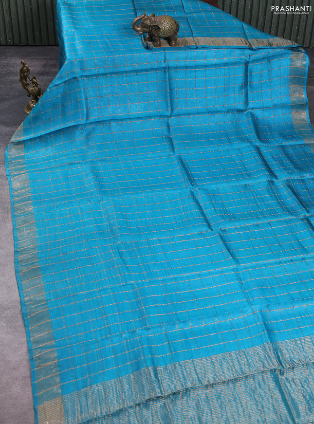 Pure tussar silk saree teal blue and black with allover zari checked pattern and zari woven border