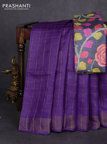Pure tussar silk saree purple and elephant grey with allover zari checked pattern and zari woven border