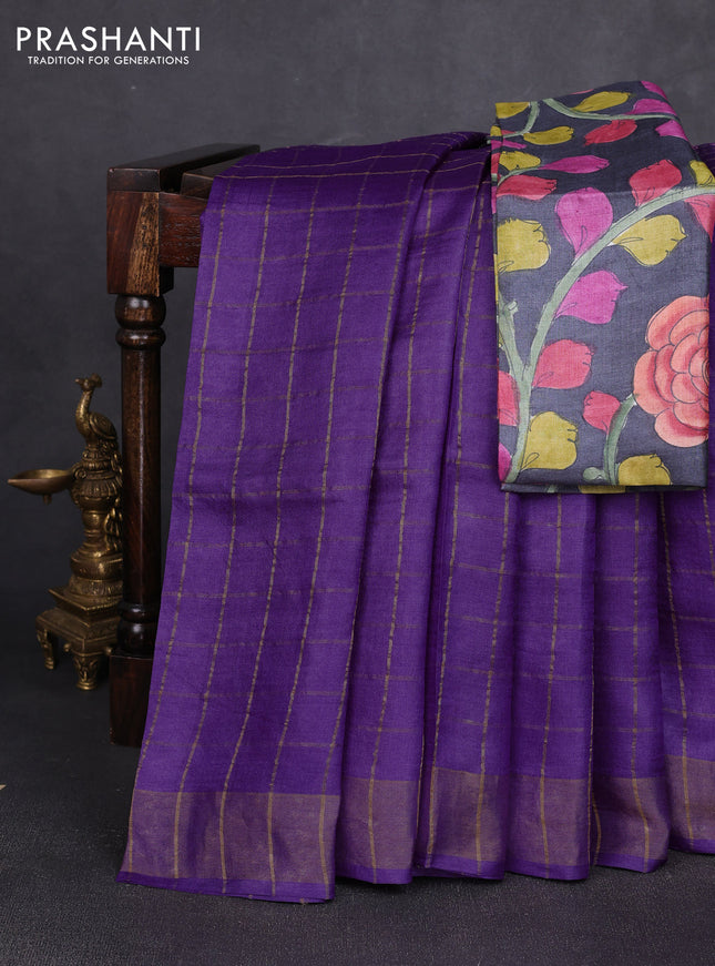 Pure tussar silk saree purple and elephant grey with allover zari checked pattern and zari woven border
