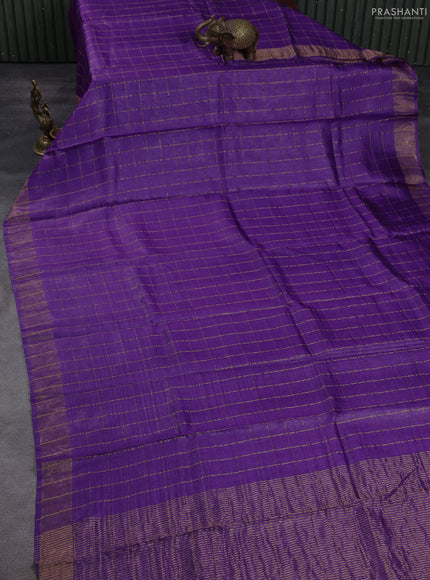 Pure tussar silk saree purple and elephant grey with allover zari checked pattern and zari woven border