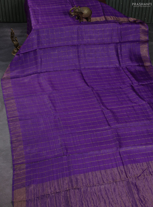 Pure tussar silk saree purple and elephant grey with allover zari checked pattern and zari woven border