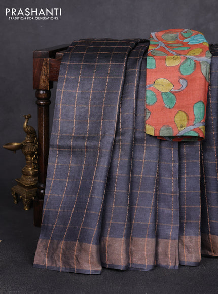Pure tussar silk saree elephant grey and rustic orange with allover zari checked pattern and zari woven border