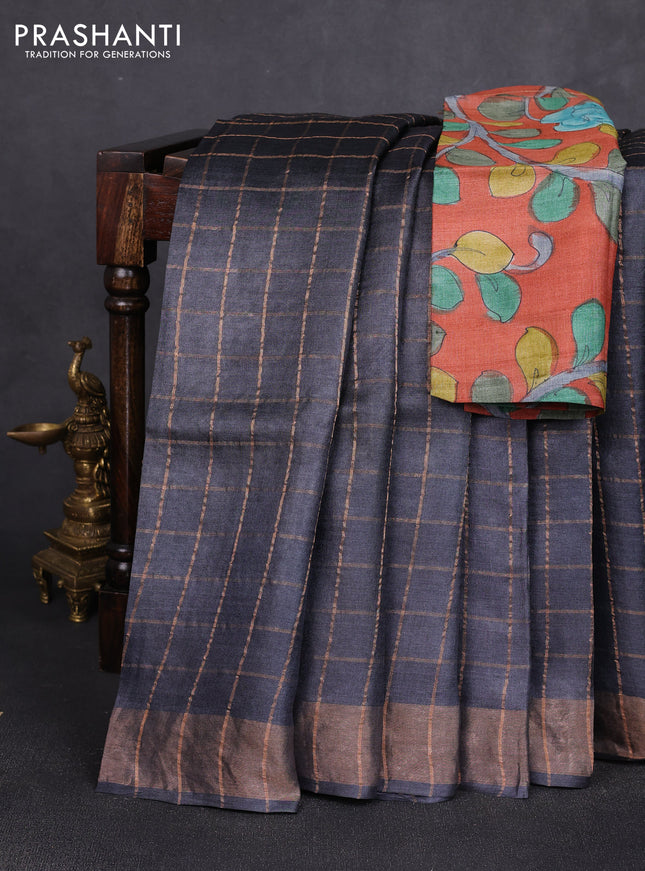 Pure tussar silk saree elephant grey and rustic orange with allover zari checked pattern and zari woven border