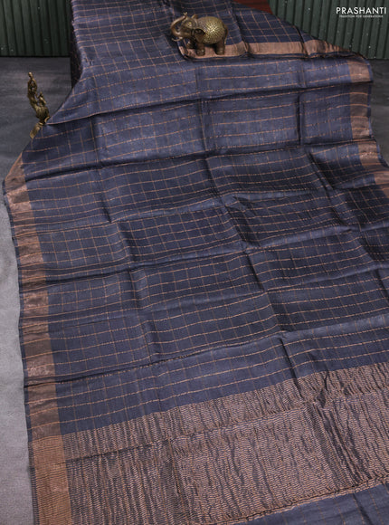 Pure tussar silk saree elephant grey and rustic orange with allover zari checked pattern and zari woven border