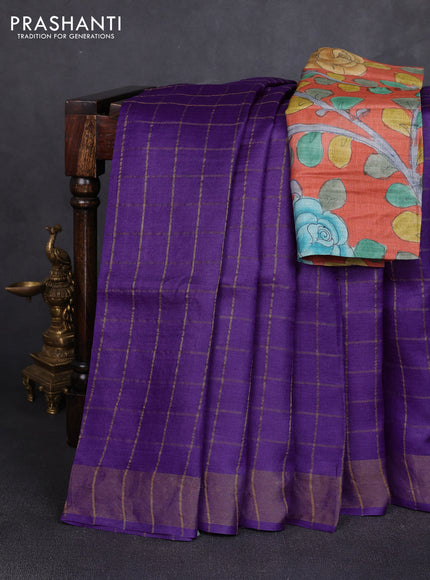 Pure tussar silk saree purple and rustic orange with allover zari checked pattern and zari woven border