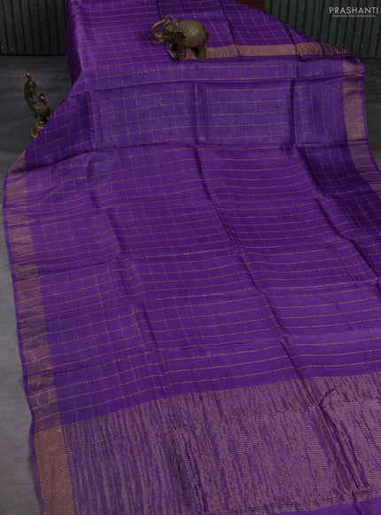 Pure tussar silk saree purple and rustic orange with allover zari checked pattern and zari woven border