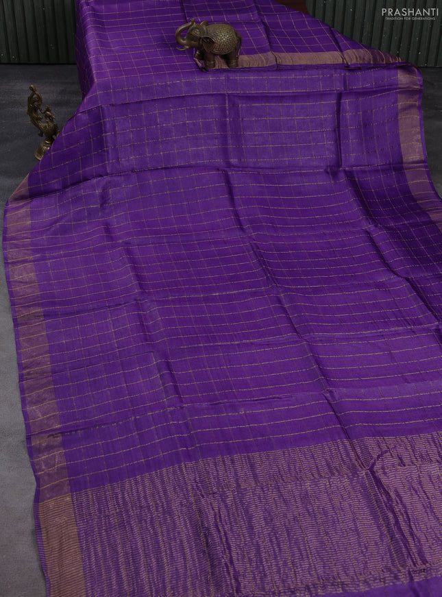 Pure tussar silk saree purple and rustic orange with allover zari checked pattern and zari woven border