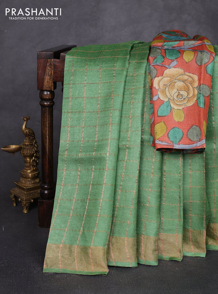 Pure tussar silk saree green and rustic orange with allover zari checked pattern and zari woven border