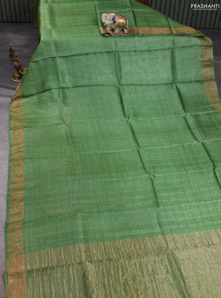 Pure tussar silk saree green and rustic orange with allover zari checked pattern and zari woven border