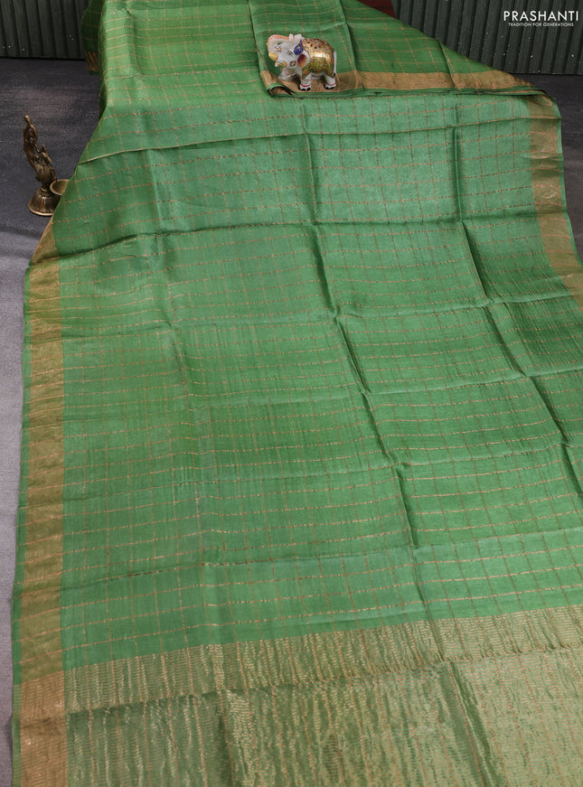 Pure tussar silk saree green and rustic orange with allover zari checked pattern and zari woven border