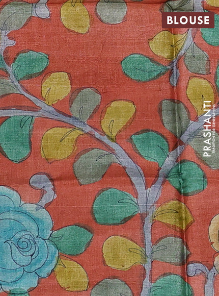 Pure tussar silk saree green and rustic orange with allover zari checked pattern and zari woven border