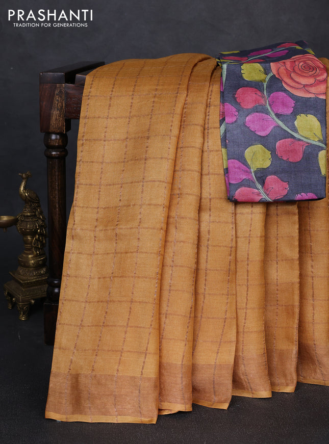 Pure tussar silk saree mustard yellow and elephant grey with allover zari checked pattern and zari woven border