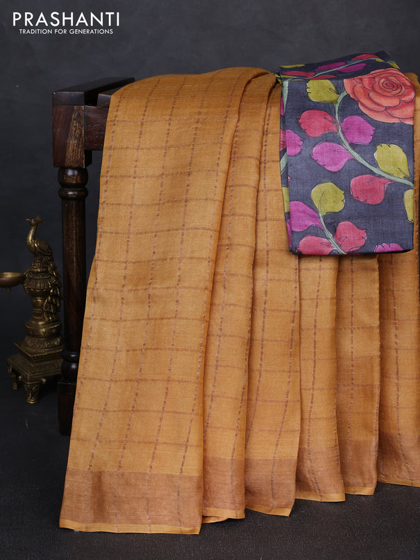 Pure tussar silk saree mustard yellow and elephant grey with allover zari checked pattern and zari woven border