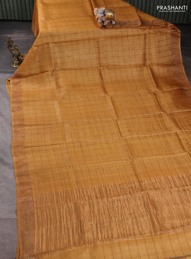 Pure tussar silk saree mustard yellow and elephant grey with allover zari checked pattern and zari woven border