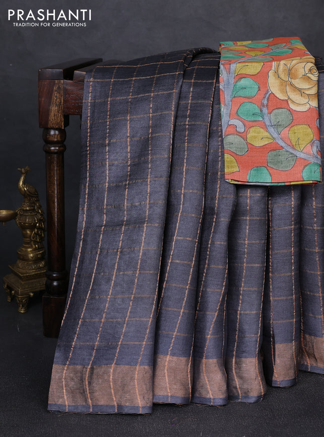 Pure tussar silk saree elephant grey and rustic orange with allover zari checked pattern and zari woven border