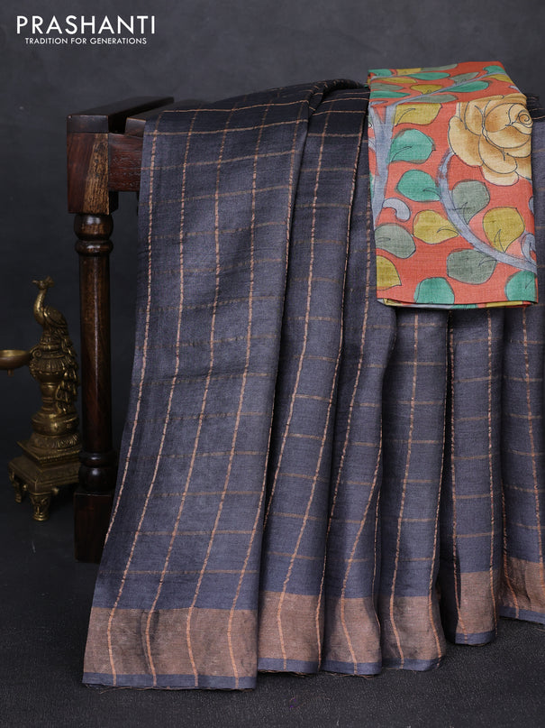Pure tussar silk saree elephant grey and rustic orange with allover zari checked pattern and zari woven border
