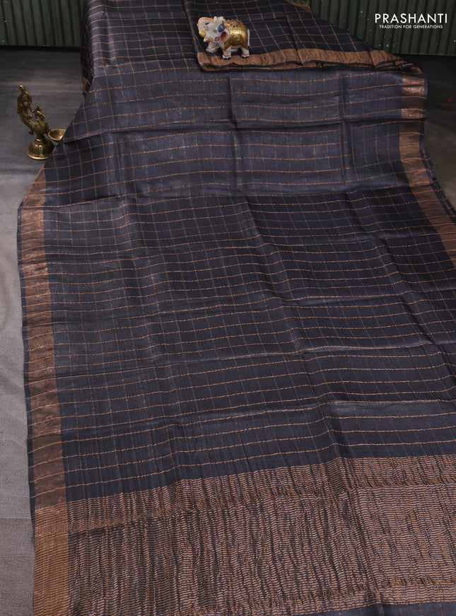 Pure tussar silk saree elephant grey and rustic orange with allover zari checked pattern and zari woven border