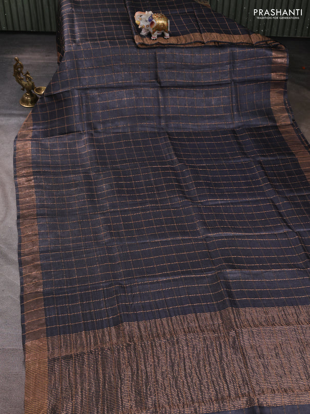 Pure tussar silk saree elephant grey and rustic orange with allover zari checked pattern and zari woven border
