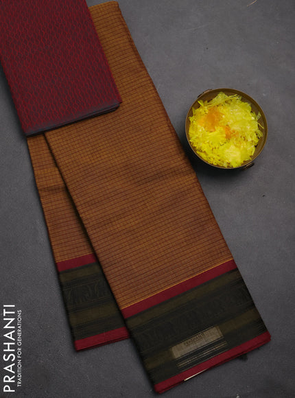 Chettinad cotton saree dark mustard and maroon sap green with allover thread checked pattern and thread woven border