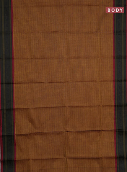 Chettinad cotton saree dark mustard and maroon sap green with allover thread checked pattern and thread woven border