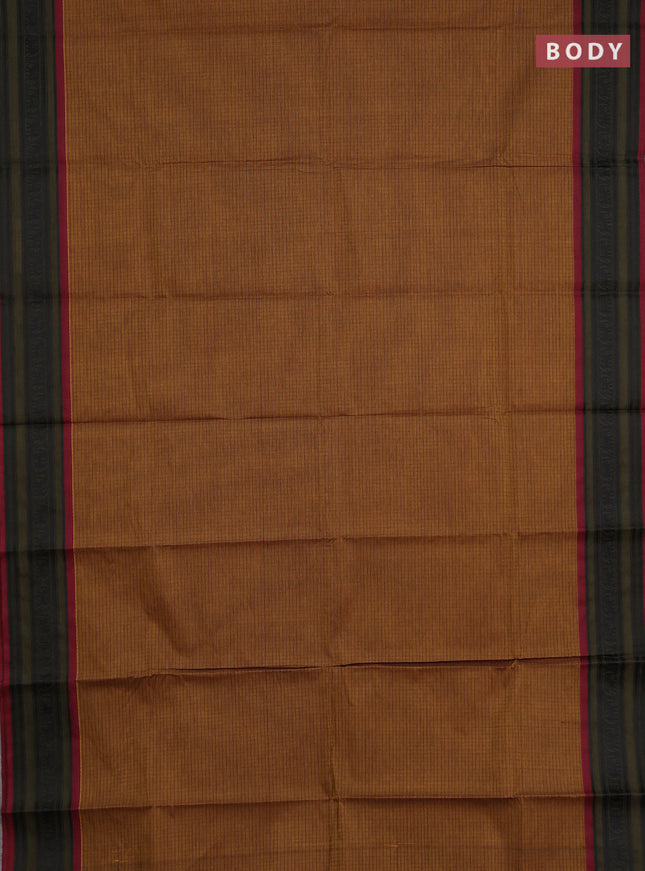 Chettinad cotton saree dark mustard and maroon sap green with allover thread checked pattern and thread woven border