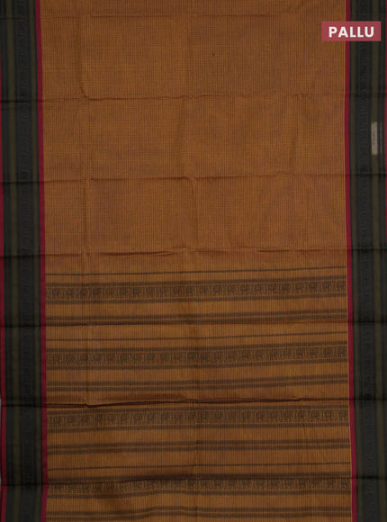 Chettinad cotton saree dark mustard and maroon sap green with allover thread checked pattern and thread woven border