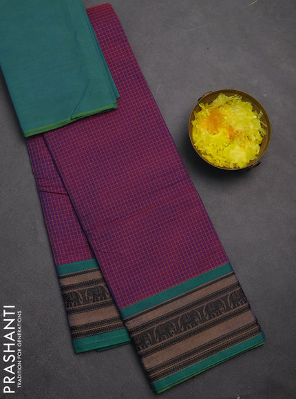 Chettinad cotton saree purple and teal green with allover thread checked pattern and thread woven border