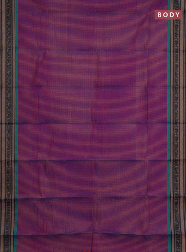 Chettinad cotton saree purple and teal green with allover thread checked pattern and thread woven border