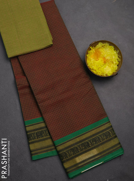 Chettinad cotton saree manthulir green and green with allover thread checked pattern and thread woven border