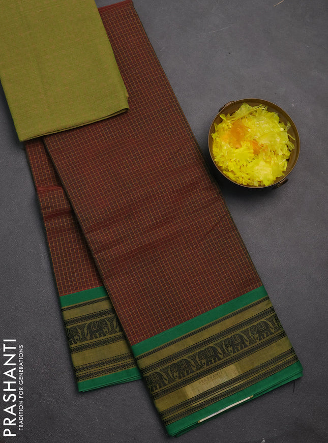 Chettinad cotton saree manthulir green and green with allover thread checked pattern and thread woven border