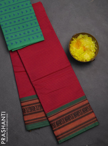 Chettinad cotton saree dark pink and green with allover thread checked pattern and thread woven border