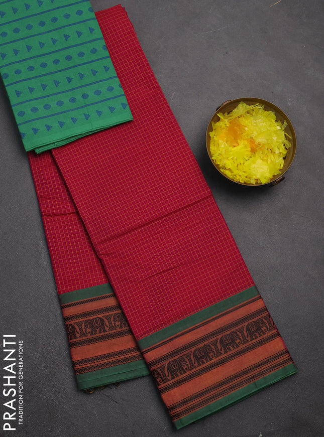 Chettinad cotton saree dark pink and green with allover thread checked pattern and thread woven border