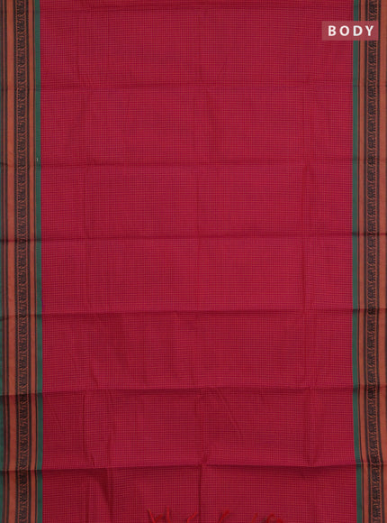 Chettinad cotton saree dark pink and green with allover thread checked pattern and thread woven border