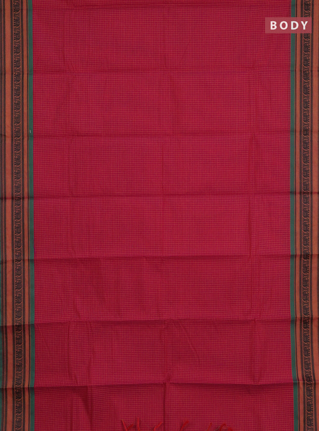 Chettinad cotton saree dark pink and green with allover thread checked pattern and thread woven border